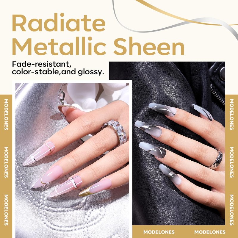 Modelones Metallic Gel Liner Nail Polish Set - 2 Pcs Chrome Mirror Finish for Stunning 3D Nail Art