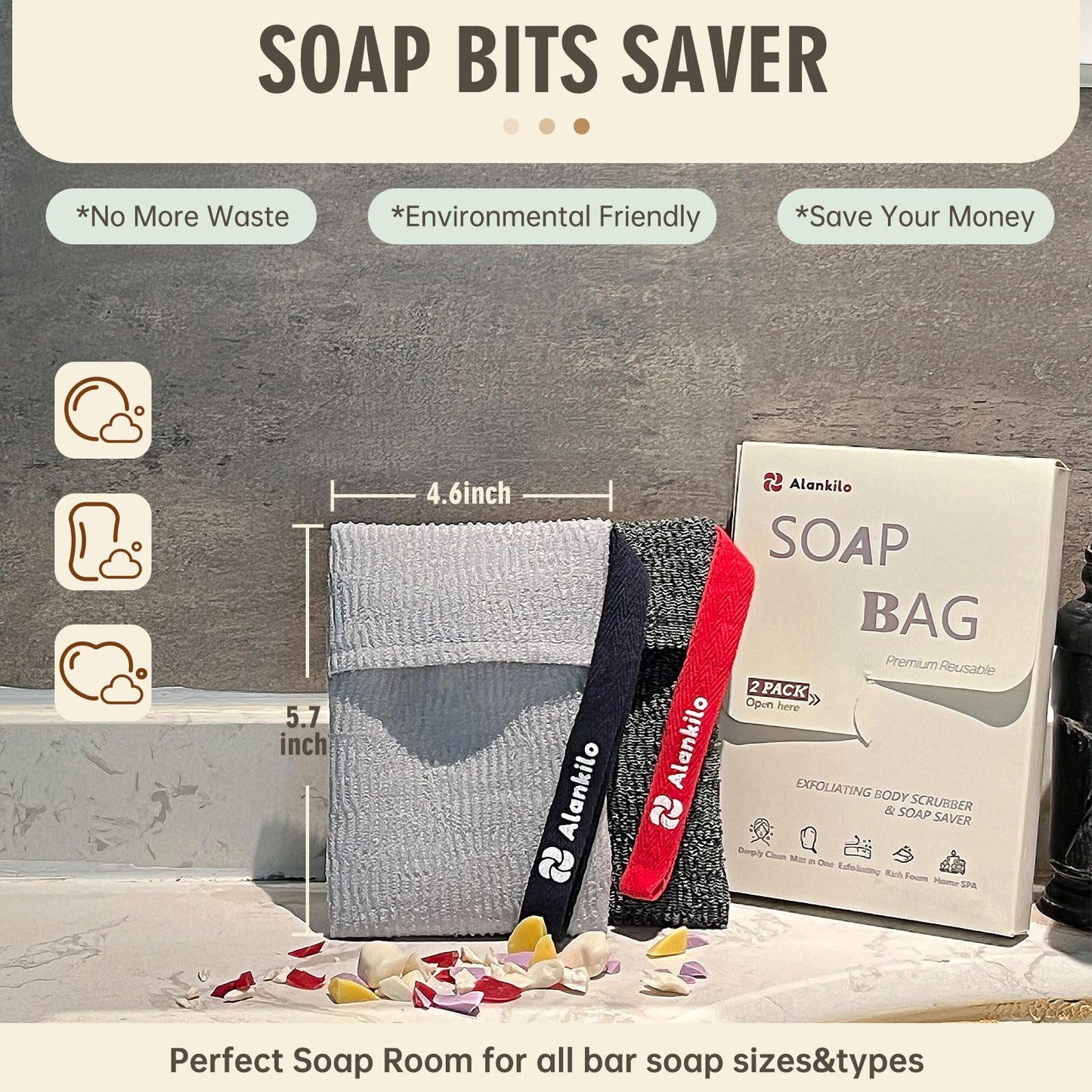 Alankilo 2 Pieces Soap Bags for Soap Bars, Exfoliating Soap Saver Bags, Foaming Bar Soap Pouches for Use in Baths or Showers (Gray)