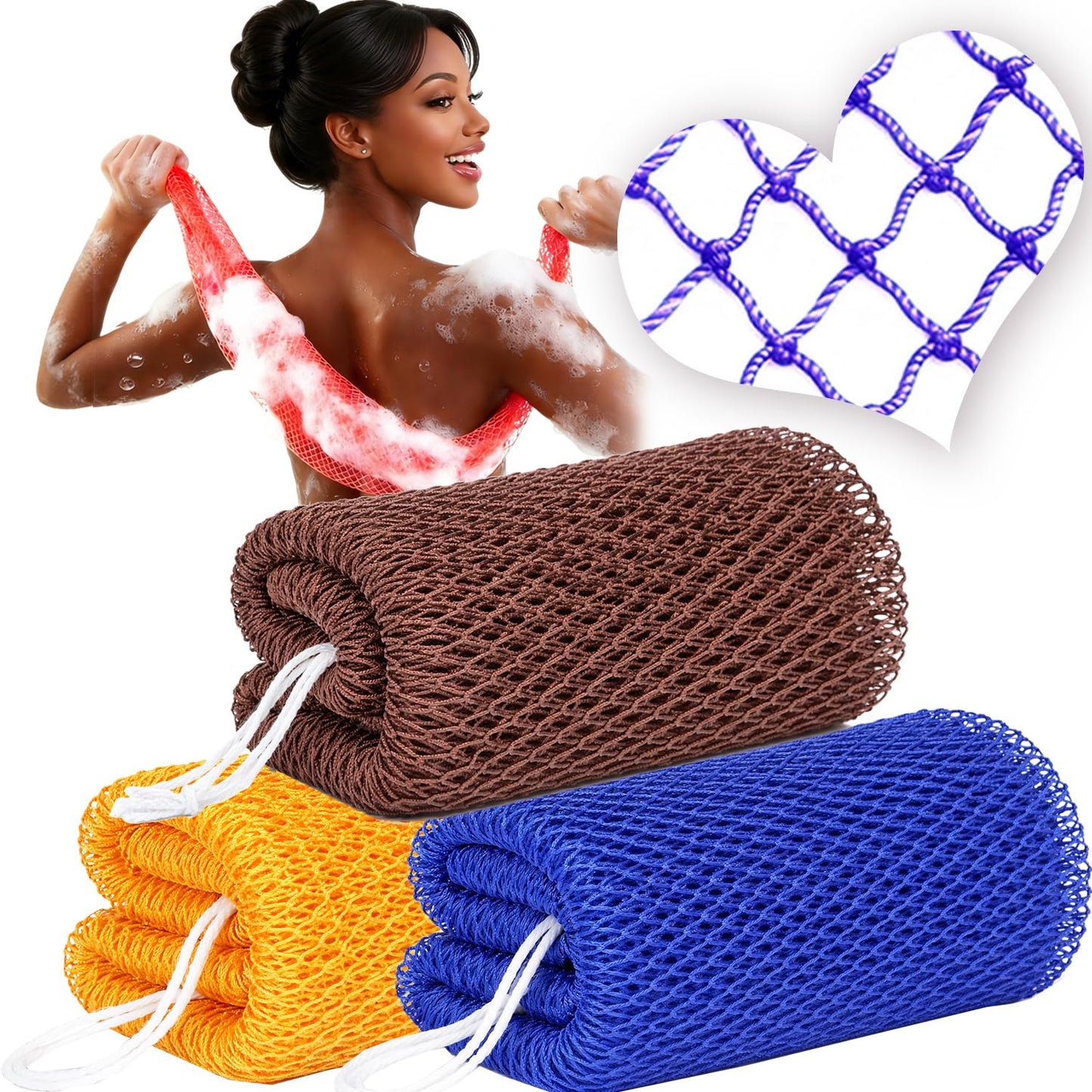 African Net Sponge Authentic, 3 Pcs Exfoliating Net Sponge for Bath, 45 Inch Long Stretch Back Scrubber for Women and Men, Exfoliating Shower Scrubber (Brown+Blue+Gold, 3 Packs)