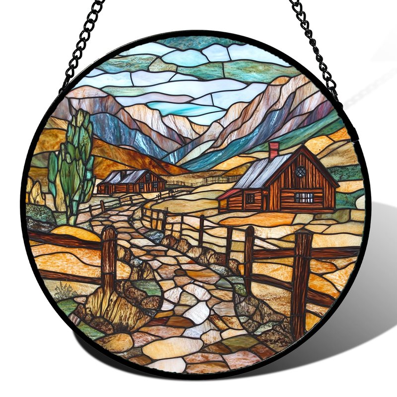 QZQCBLC Stained Glass Window Hanging Mountain Ranch Rural Life 7.8" - Cactus Suncatcher Door Terrace Garden Sun Catcher Home Decor Birthday Christmas for Mom Men Woman Friend