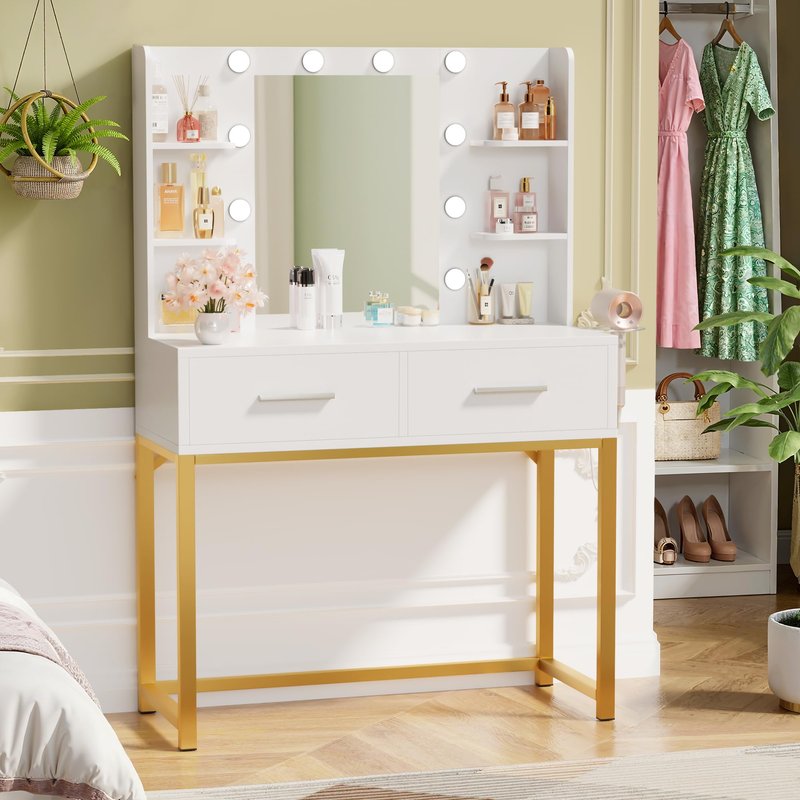 Acurax Vanity Desk with Mirror and Lights, Makeup Vanity Table with 6 Storage Shelves & 2 Drawers, 3 Color Modes, Charging Station, White & Golden