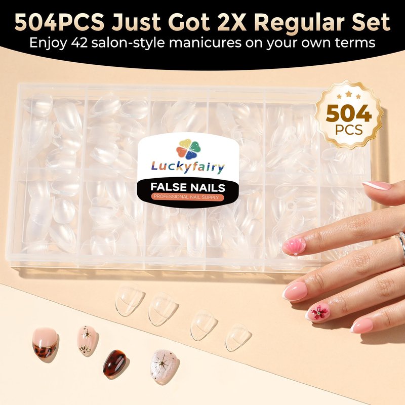 Luckyfairy Extra Short Almond Fake Nails, 504pcs Soft Gel Pre-Shaped Acrylic Nail Tips, Half Matte Full Cover Clear Gelly Press on Flase Nail Tips for Extension Nail Manicure Home DIY 12 Sizes