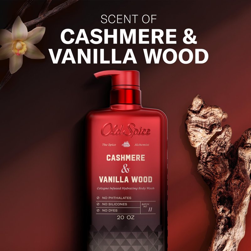 Old Spice Body Wash for Men, The Spice Alchemist Collection, 24/7 Cologne Infused Hydration, No Trade Off Formula, Free of Phthalates Silicones & Dyes, Cashmere + Vanilla Wood Scent, 20 oz