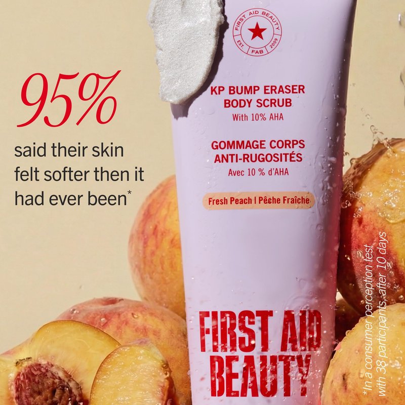 First Aid Beauty KP Bump Eraser Body Scrub Peach Scent, 10% AHA Keratosis Pilaris Exfoliator (Glycolic & Lactic Acid) Treatment for Strawberry Legs, Razor Bumps & Rough Bumpy Skin