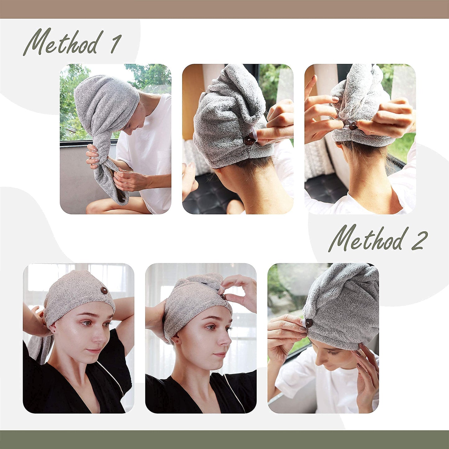 myHomeBody Hair Towel Wrap, Luxury Quick Drying Turban, Ultra Soft Absorbent Charcoal Fiber Cap, with Coconut Shell Button – Gray
