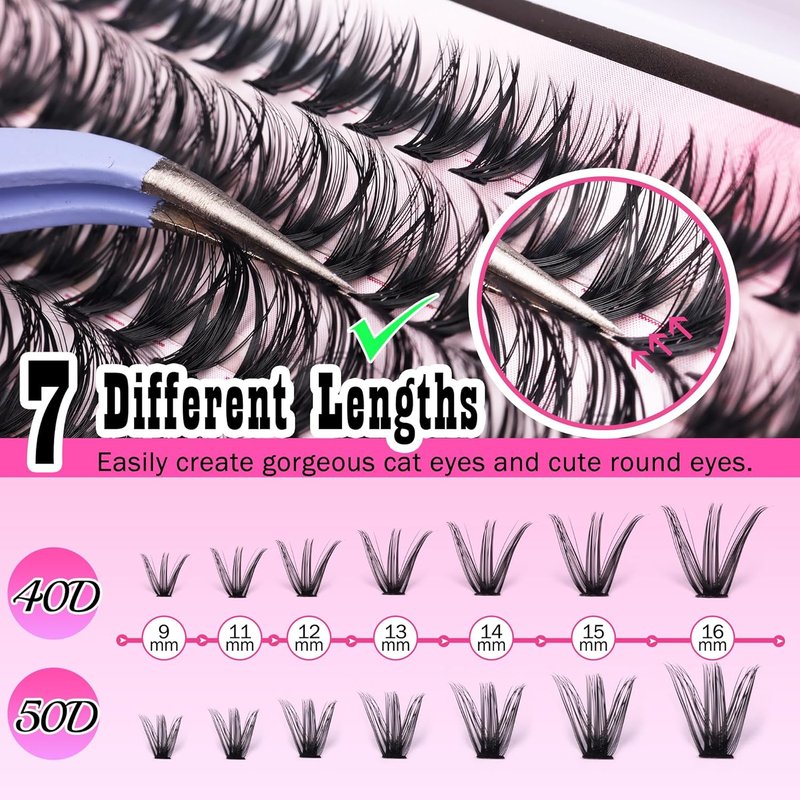 FANXITON Eyelash Extension Kit - 280 Thick Volume Lash Clusters 40D/50D D Curvature with Bond & Tweezers