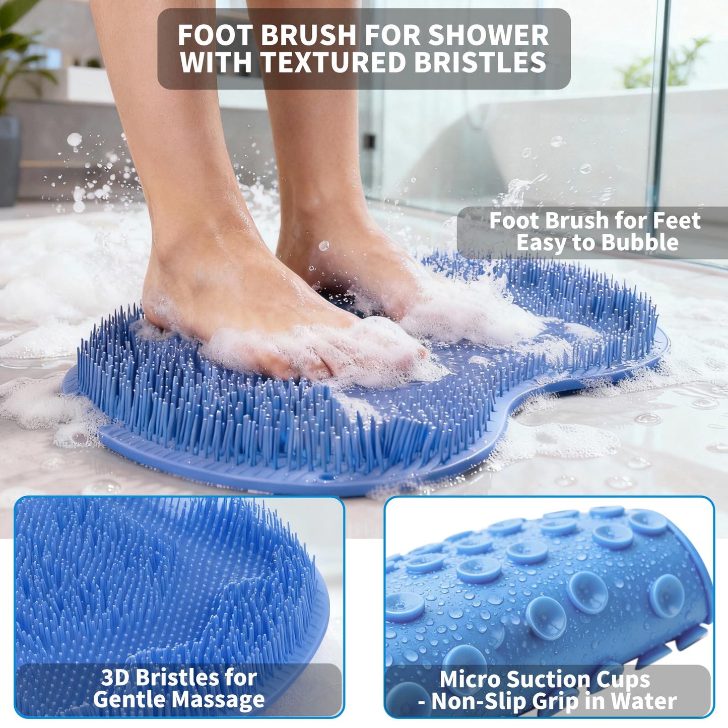 Merleu Shower Foot Scrubber Mat with 3 Types of Upgraded Brushes for Massage, Shower Back Scrubber with Micro Suction Cups,Back Washer,Shower Scrubber for Body at Home Spa (Sky Blue)