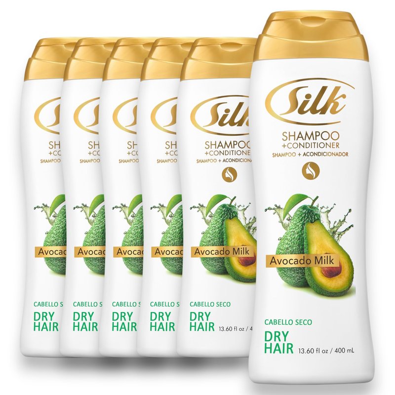 SILK 2 in 1 Shampoo and Conditioner for Dry, Damaged Hair – Deep Nourishing Wash with Avocado Extract – Anti-Frizz, Shine & Softening for Men & Women – Avocado Milk Scent, 13.6 fl oz (Pack of 6)