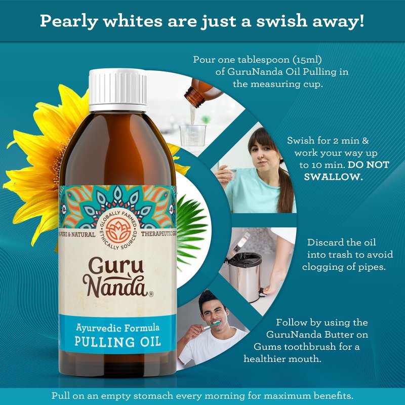 GuruNanda Original Oil Pulling Mouthwash, Promotes Deep Cleaning, with Coconut & Sesame for Teeth & Gum Health & Fresh Breath, with Tongue Scraper, Alcohol-Free, 8.45 Fl Oz