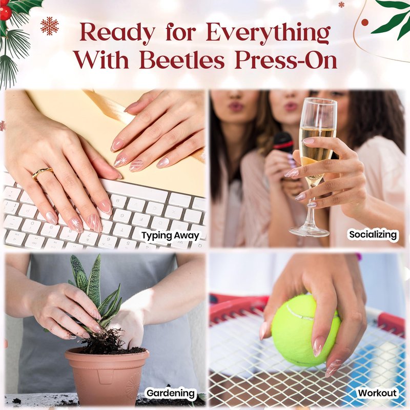 Beetles Christmas Press On Nails - Christmas Bow | Short Almond Press On Nails | 32Pcs 16 Sizes Natural Salon Quality Red French Nail Tips With Quick-drying Nail Glue For Women