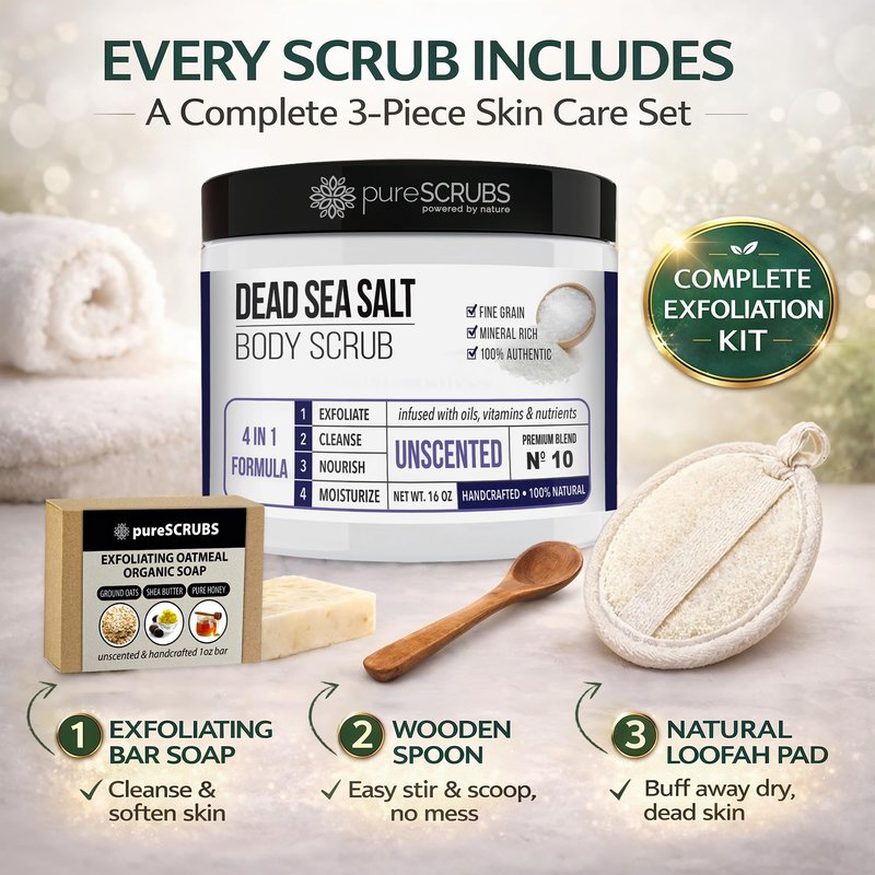pureSCRUBS Premium Unscented Body Scrub Set - Large 16oz Dead Sea Salt Scrub, Sensitive Dry Skin Formula Includes Wooden Spoon, Loofah & Oatmeal Exfoliating Bar Soap - Spa Gift For Women