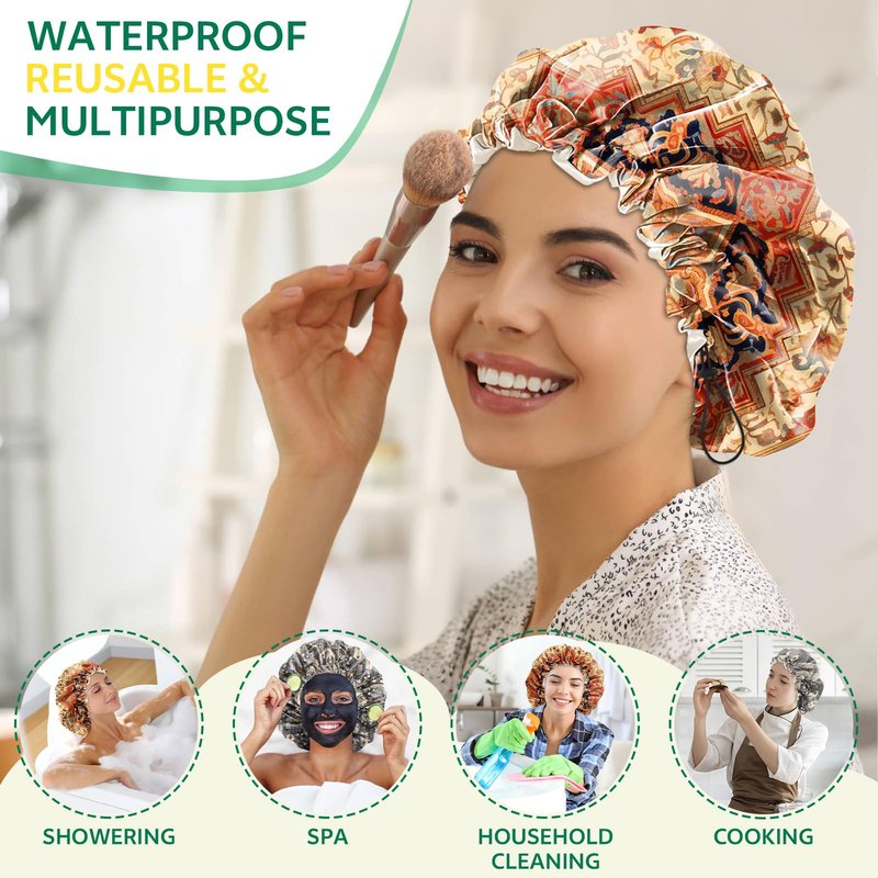 BHAHB 2 PCS Shower Cap Waterproof Double Layer Elastic Adjustable Reusable Hair Bath Caps for Girls Women Cute Aesthetic-Red