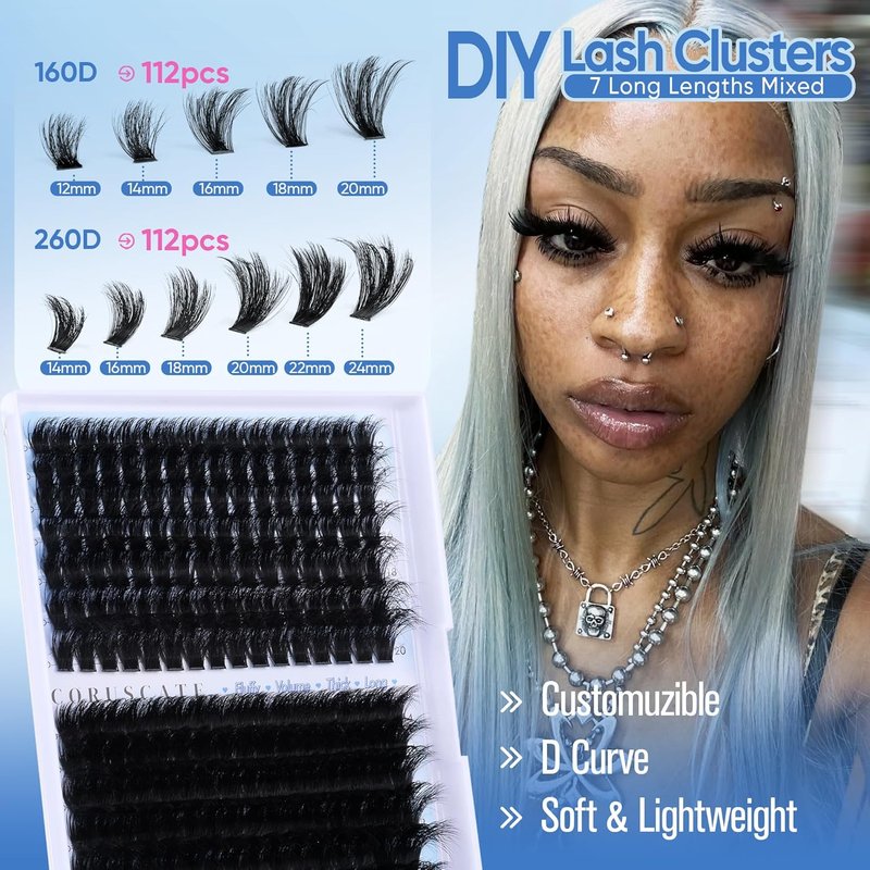 CORUSCATE Lash Clusters - 160D & 260D Volume Eyelash Extensions | 12-24mm Long, Thick, Dramatic Look