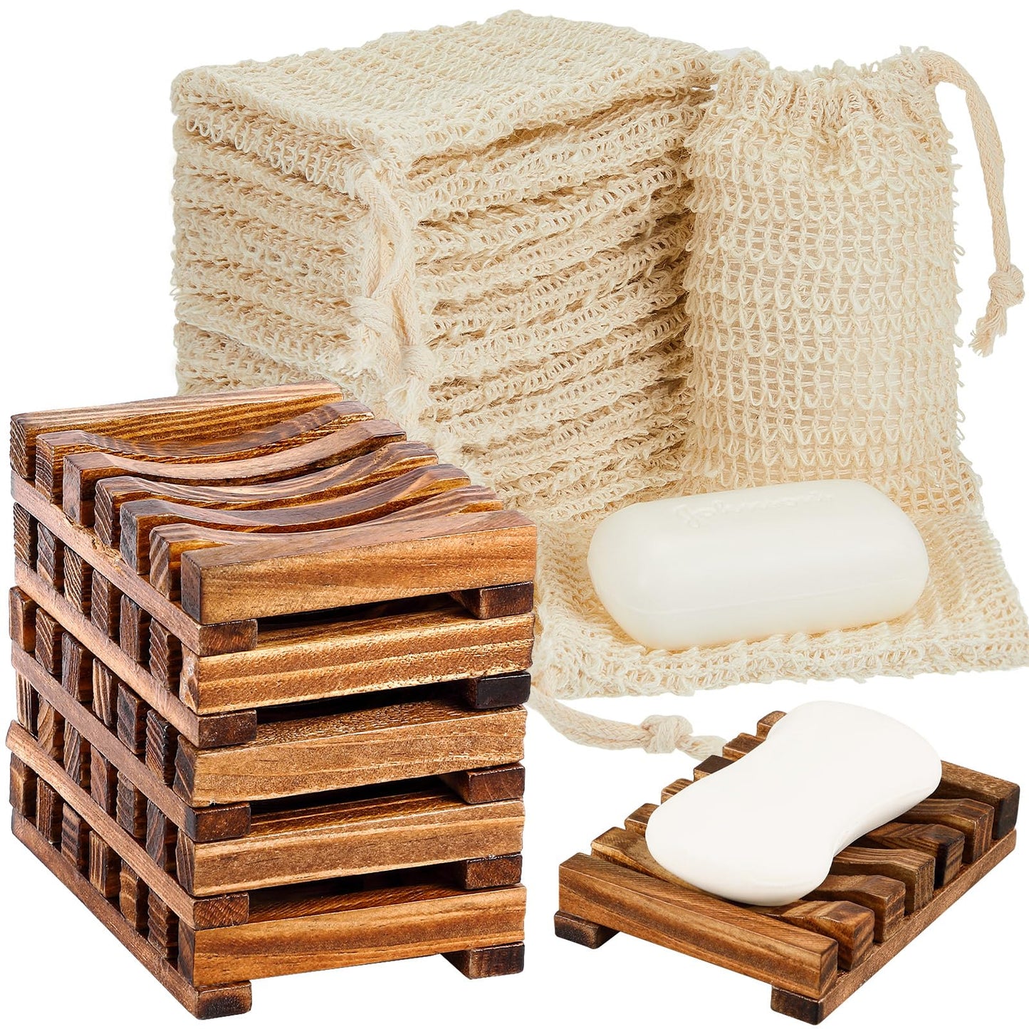 Umigy 40 Pcs Soap Bag and Holder Kit - Sisal Soap Saver Bags, Bamboo Wood Holder Tray for Shower Bath Use (Beige,Charcoal)