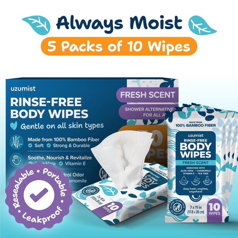 Body Wipes For Adults Bathing No Rinse - 50 XL Ultra Thick Shower Wipes For Adults No Rinse, 5 Packs of 10 Adult Wipes for Personal Cleansing, Daily Hygiene, Bedridden & Elderly Care, Travel, Camping