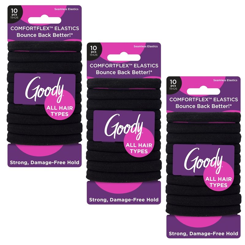 Goody ComfortFlex Seamless Black Hair Elastics - Ouchless No Slip Grip for All Hair Types | 10 Count (Pack of 3)