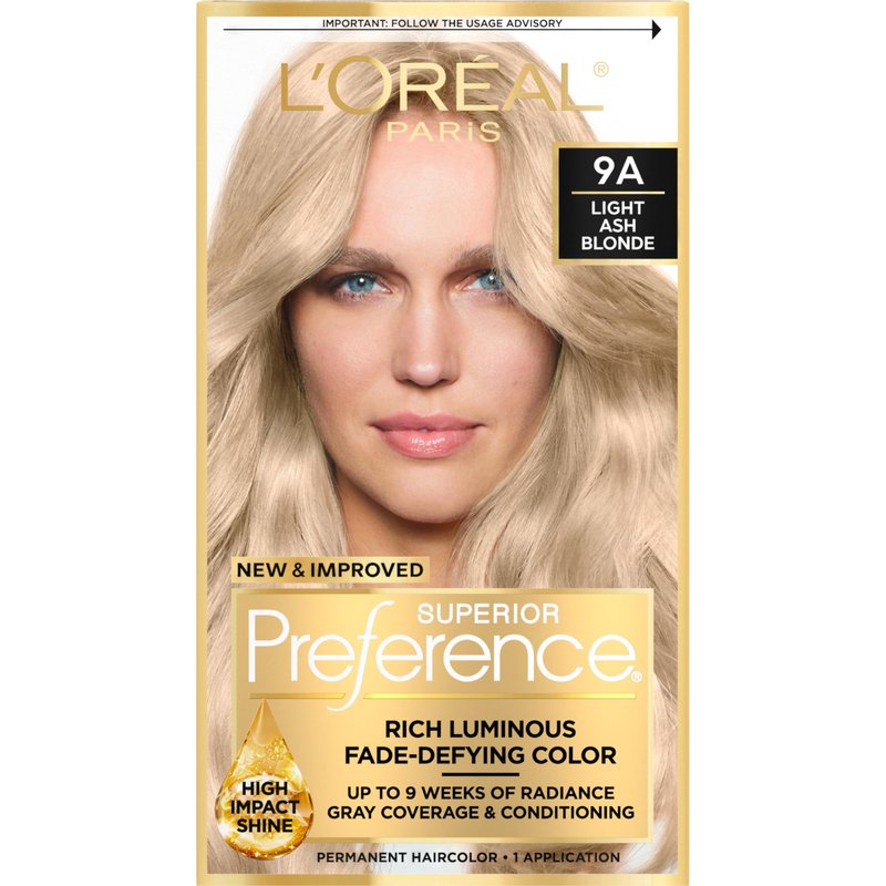 L'Oreal Paris Superior Preference Luminous Fade-Defying Permanent Hair Color, Hair Dye For Up to 9 Weeks of Radiance, Light Ash Blonde 9A, 1 Hair Dye Kit