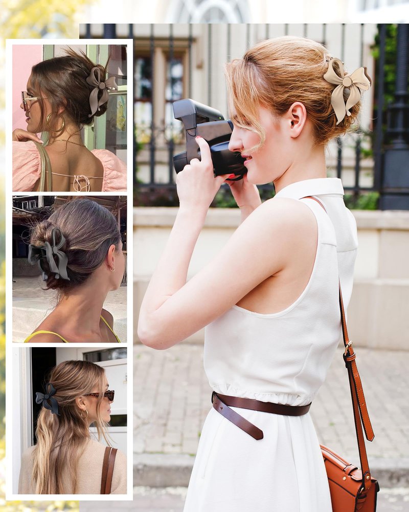 4 PCS Bow Hair Clips Bow Claw Clip for Women, Large Hair Claw Clips for Thin Thick Long Hair Cute Nonslip Bows (Black+Grey+Dark Brown+Light Brown)