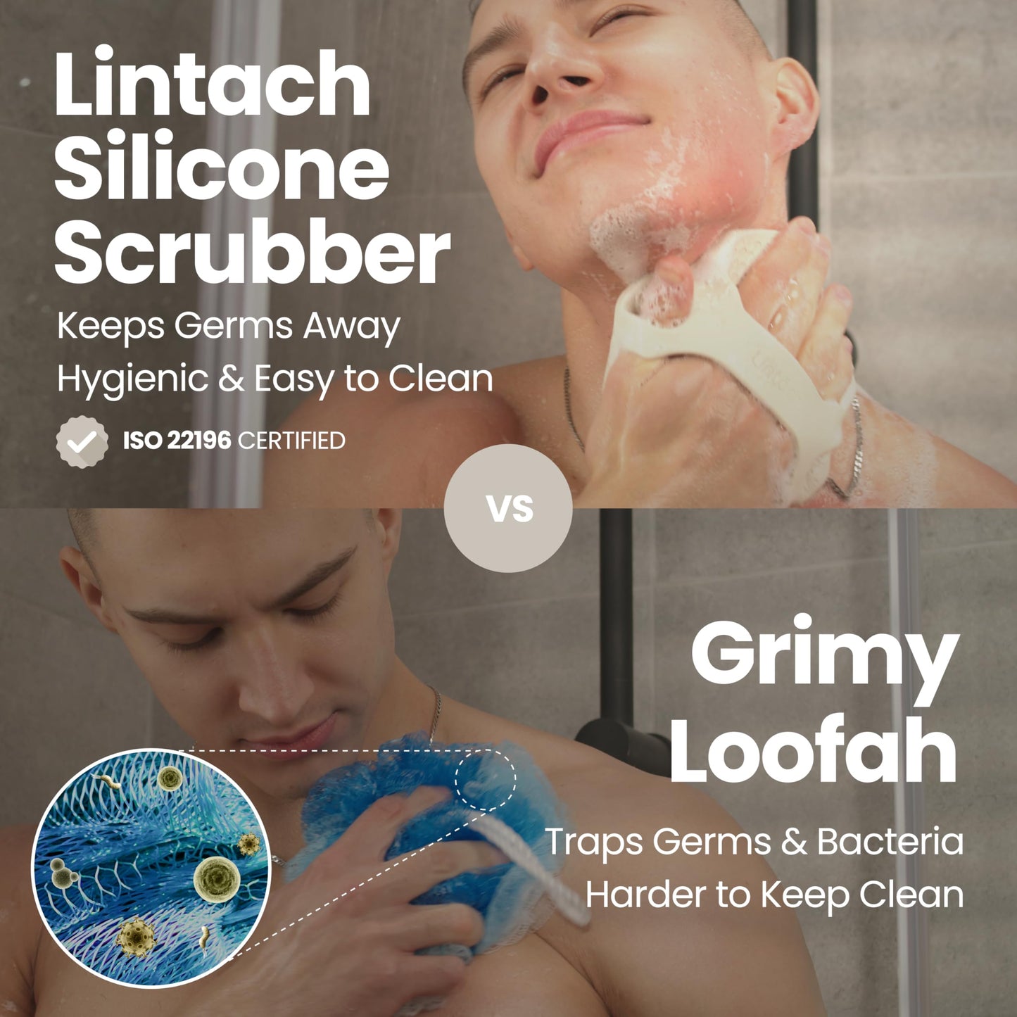Lintach Silicone Body Scrubber - Shower Exfoliating Body Scrubber, Ergonomic Silicone Shower Scrubbers for Men, Reusable, Hygienic Bath Loofah for a Smooth Skin, Warm Gray