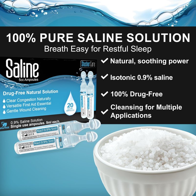 Shusher Care Saline Ampoules - Saline Solution, Sodium Chloride 0.9%, Nasal Cleanse for Babies, Kids, & Adults, Sterile Nasal Care, Wound Cleansing - 20 Count (5ml Each)