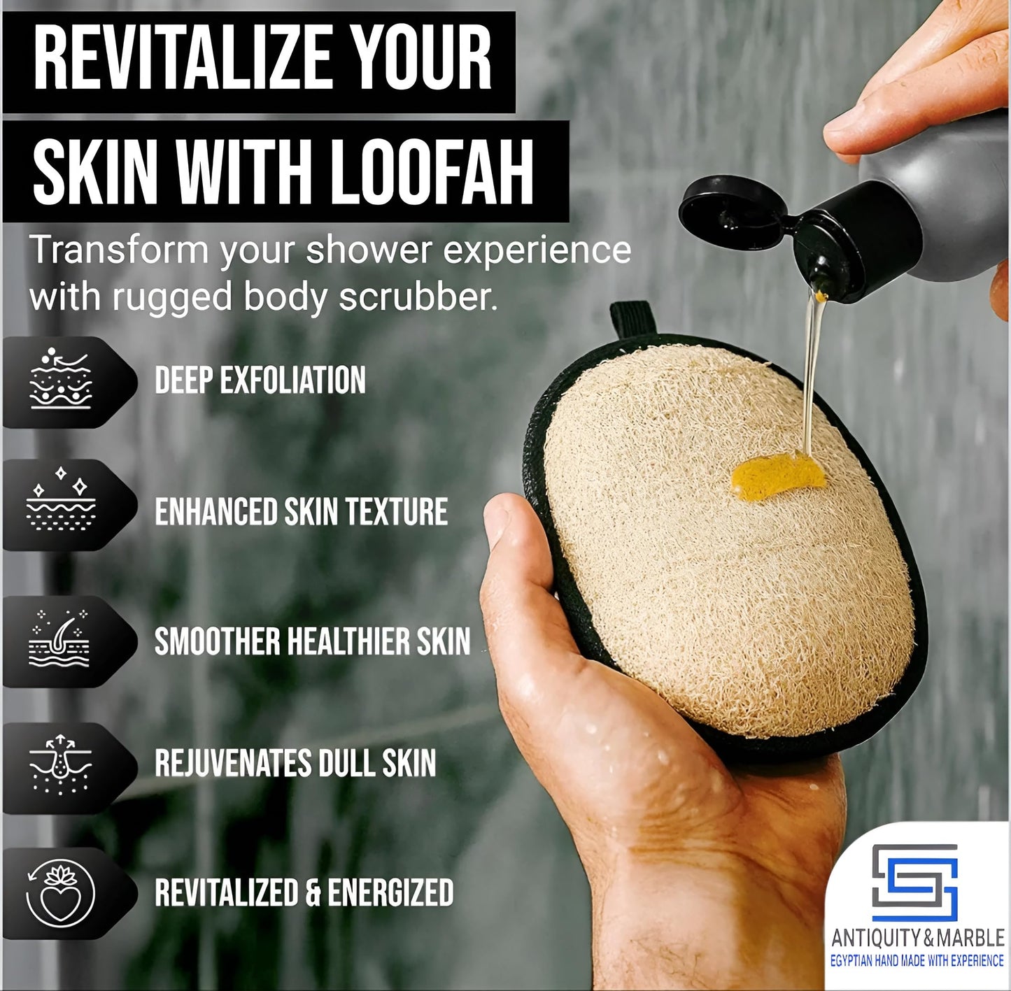Rugged Natural Shower Loofah for Men - Tough Eco-Friendly Exfoliating Body Scrubbers, Durable & Gentle Terry Towel Cloth pad for Manly Skin Care - Lufas, Luffa, Loofah, Loufas Sponges