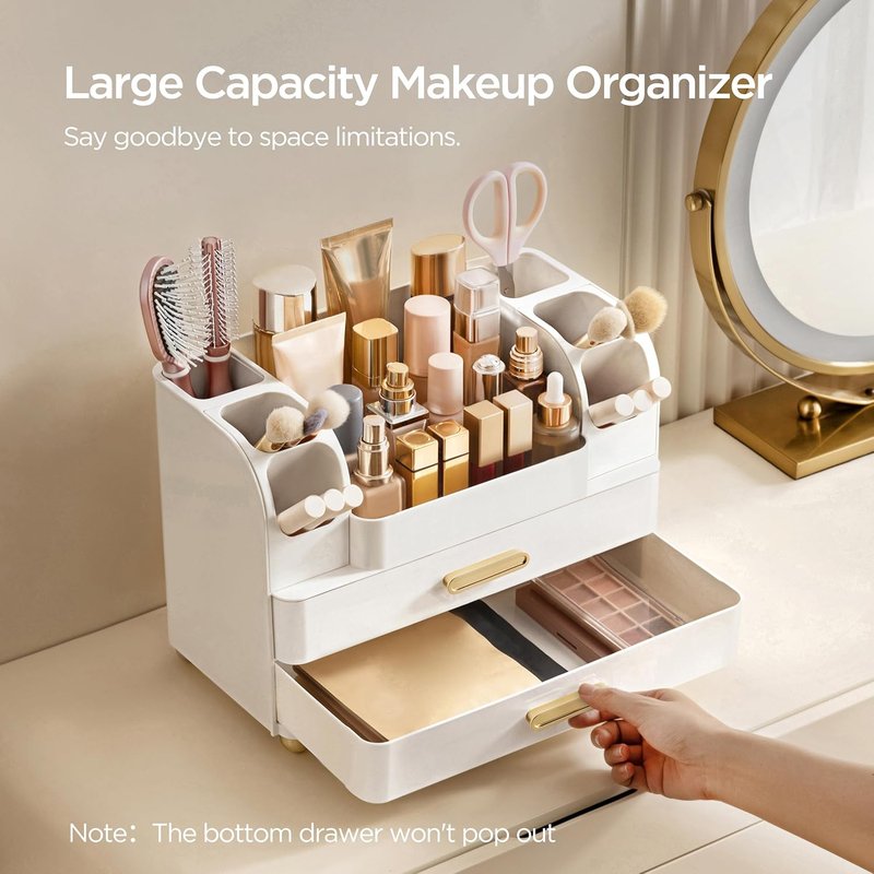 Makeup Organizer for Vanity - Large Cosmetic Storage with Brush Holder | All White, Perfect for Lipsticks & Skincare