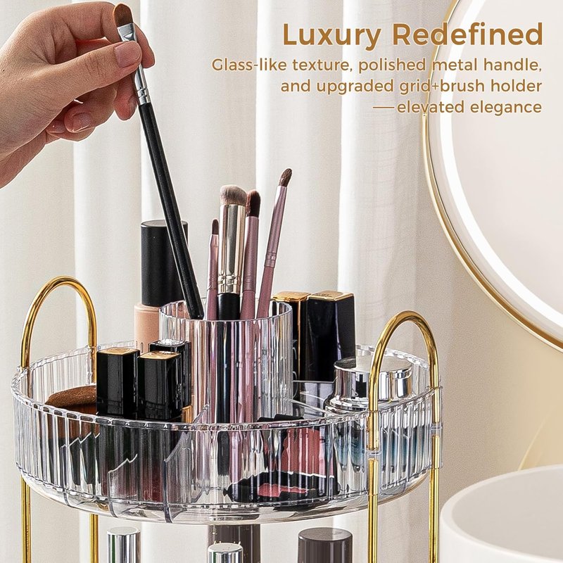 360° Rotating Makeup Organizer - Upgraded 2-Tier Skincare & Perfume Storage | Clear Cosmetic Dresser with Brush Holder