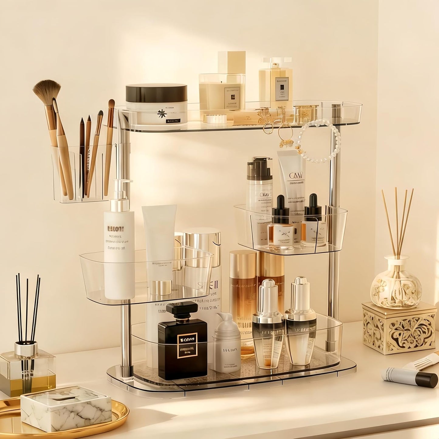 Skiennix Rotating Makeup Vanity Organizer - Stylish Bathroom Countertop Storage with Detachable Trays & Hooks