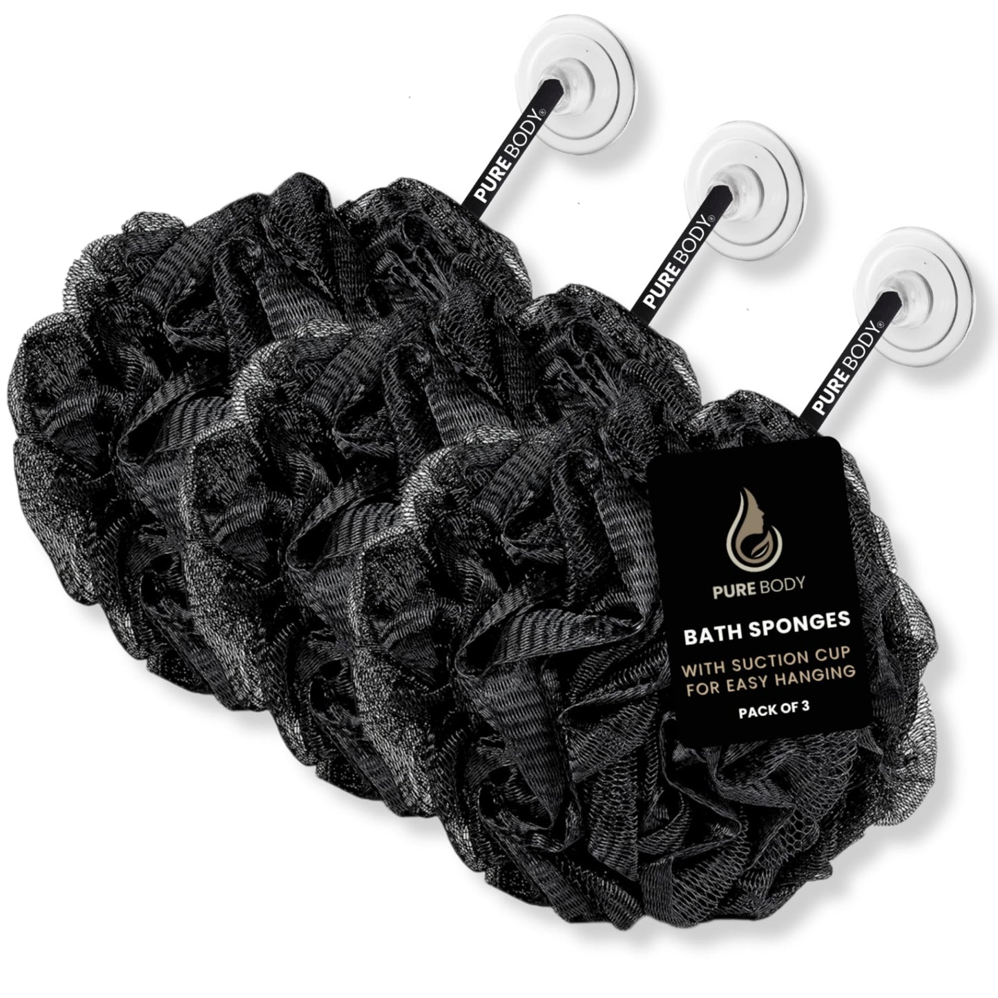 Large Black Bath Sponge, Gentle Exfoliation Mesh Sponges, Long Lasting Loofah with Suction Cup Attached, Easy Hang to Dry Pack of 3