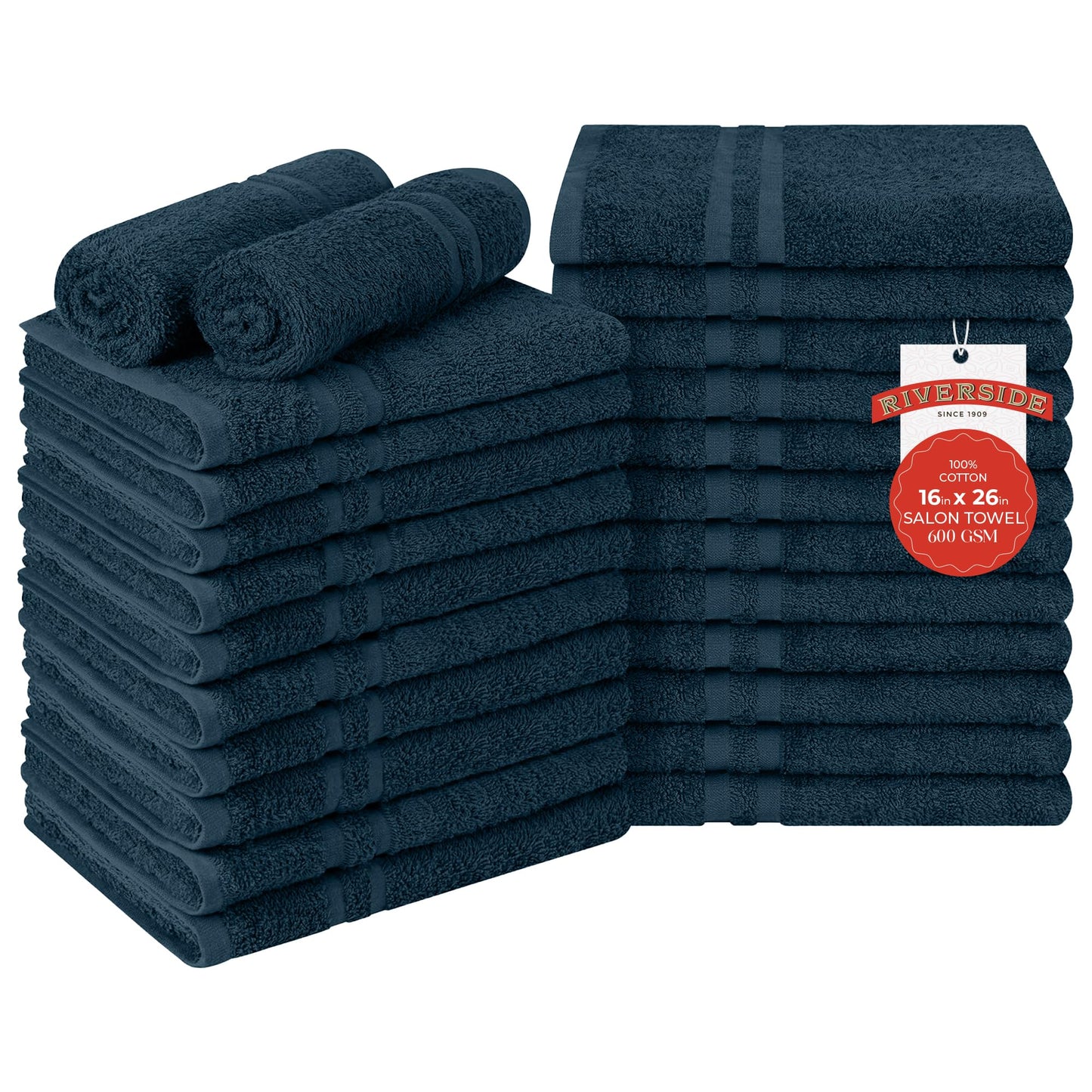 RIVERSIDE Pack of 24 Salon Towels Set – 16 x 26 Inches, 100% Ring Spun Cotton Highly Absorbent and Quick Dry Towels for Salon, Hand, Barber, Gym, Home & Hair Care, Navy Blue