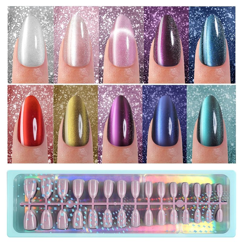 Cat Eye Press-On Nails - 300 Pcs Glossy Glitter Medium Almond Soft Gel Nail Tips | Reusable in 15 Sizes