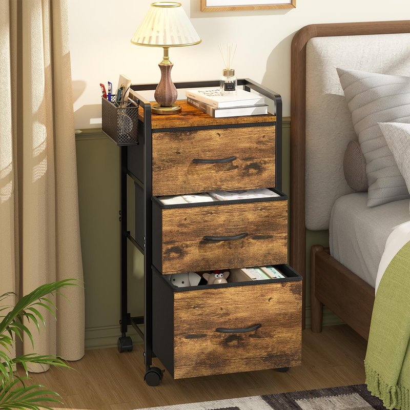 Salon Station for Hair Stylist, Rolling Salon Trolley Cart with Wheels, Beauty Barber Station with Metal Tool Holder & 3 Fabric Drawer, Mobile Storage Cabinet for Barbershop, Spa&Tattoo, Rustic Brown