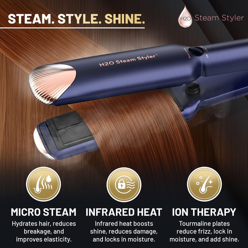 H2O Steam Styler Ultimate Steam Hair Straightener & Curler, Salon Results Frizz Control, Shine & Hydration, Infrared Heat & Ion Therapy for All Hair Types (Slim - 1.2")