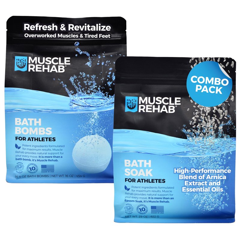 Muscle Rehab Sports Recovery Muscle Rehab Combo Handmade Bath Bombs & Soak for Athletes & Muscle Recovery- Pure Essential Oils, Packed with Arnica, Magnesium, Minerals-, White, 45 Ounce