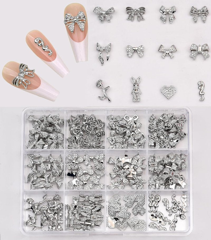 Skiennix 120pcs Nail Charms - 12 Styles of Black Metal 3D Heart & Flower Decorations for Acrylic Nails