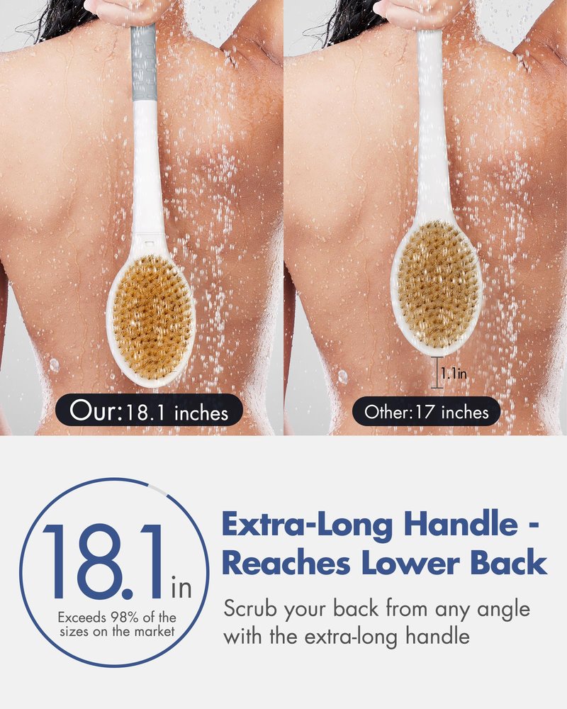 Back Scrubber Body Shower Brush: Anti Slip Long Handle Bath Brush with Stiff and Soft Bristles - Showering Exfoliator Wet or Dry Brushing for Women, Men, Elderly (Grey)