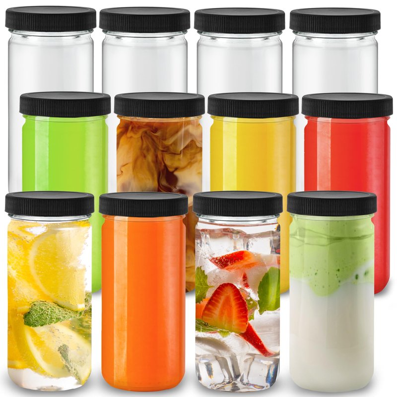 DilaBee 12-Pack 8oz Round Empty Glass Water Bottles - Glass Juice Bottles with Lids for Juicing, Smoothie, Milk & Kombucha - Juice Containers for Fridge, Smoothie Bottle, Clear Water Bottle BPA-Free