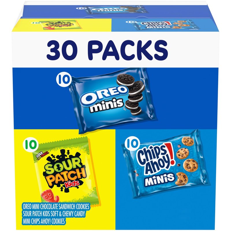 Nabisco Cookies and Candy Variety Pack, SOUR PATCH KIDS Soft & Chewy Gummy Candy, OREO Minis and CHIPS AHOY! Minis Cookies, 30 Snack Packs
