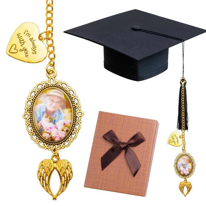 Bylion 2 Pack Custom Memorial Graduation Cap Photo Charm Class of 2026 Tassel Charms I Always with You Memorial Ceremony College Gift DIY Photo Chain Wear on Cap for Graduation (Gold)