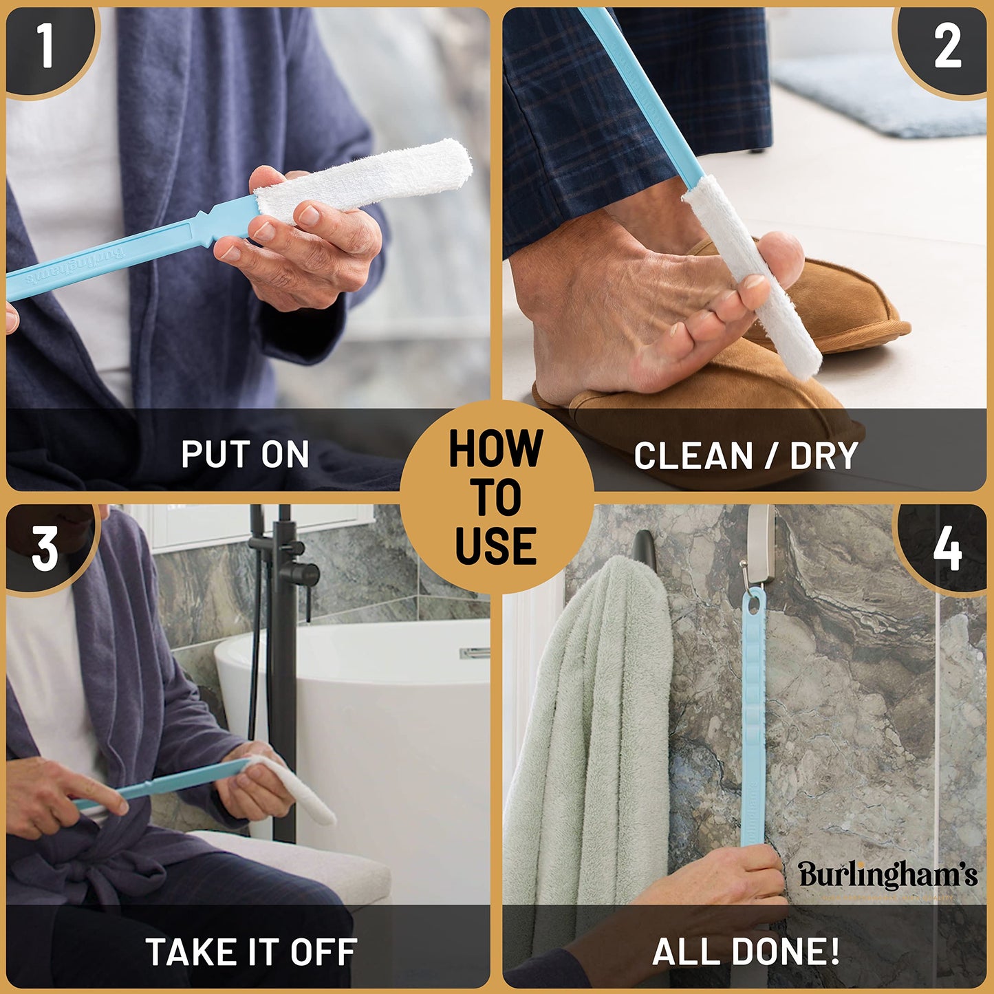 Burlingham's Toe and Foot Towel Brush with Reusable Drying Covers Long 17” Handle for Cleaning Between Toes, Soft Skin Exfoliation,for Seniors, Adults, Kids (Toe Towel Brush + 3 Covers)
