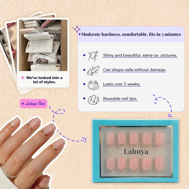 Press On Nails - Golden Standard | Nail Artist Designed Short Squoval Milky Pink Fake Nails with Minimalist Gold French Edge, Glossy Finish, Salon Quality | 15 Sizes - 30 Nail Kit with Glue