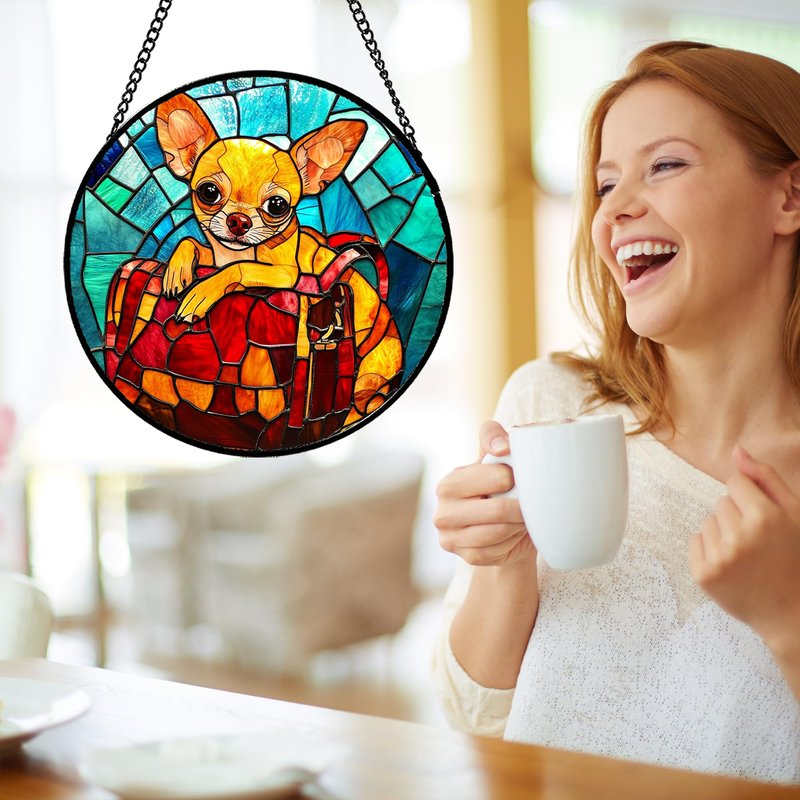 GEFOS Stained Glass Window Hanging Cute Dog Chihuahua 6.3" - Suncatcher Door Garden Sunroom Sun Catcher Home Decor Birthday Christmas for Lost Pets Mom Men Woman Nana