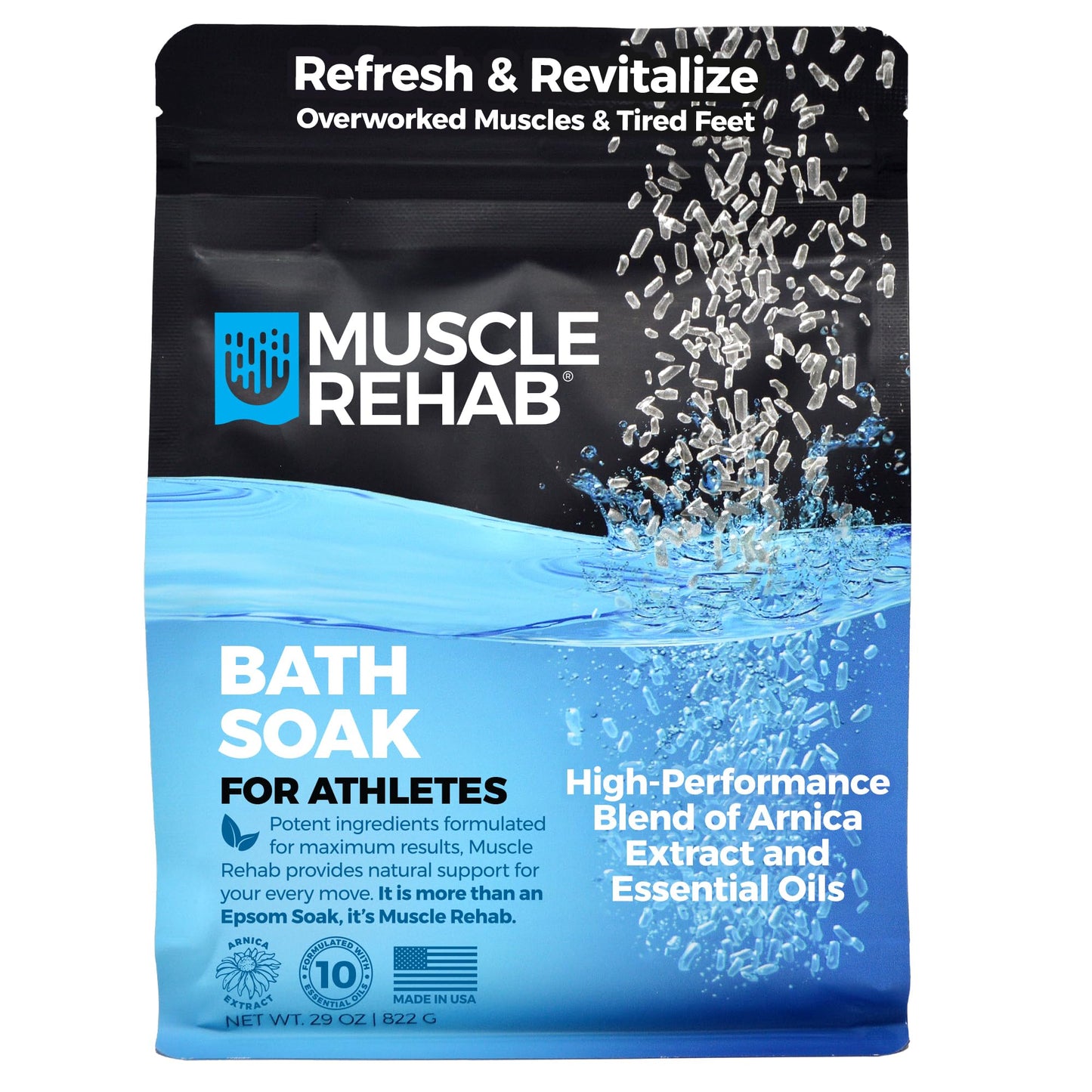 Muscle Rehab Epsom Salt Bath Soak 29 oz with Arnica - Fast-Dissolving Bath Salts for Muscle Relief and Recovery - Cooling Formula - Made in USA