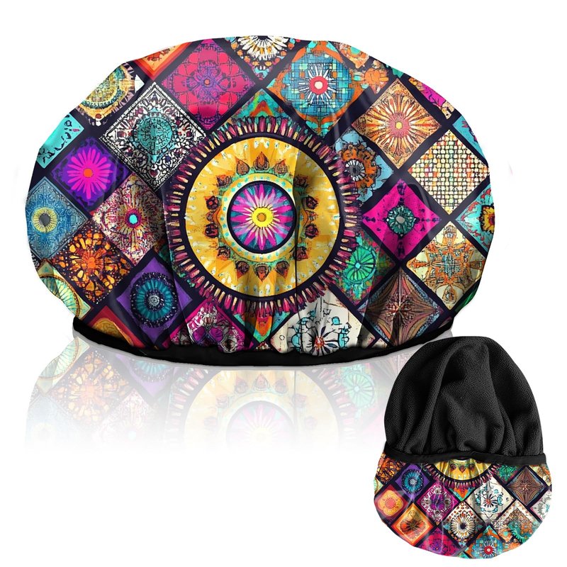 Cabreche Luxury Shower Cap Terry Lined Reusable Triple Layer Waterproof Hair Elastic Caps Shower Bath Hat for Women Girls Cute Aesthetic-Mandela