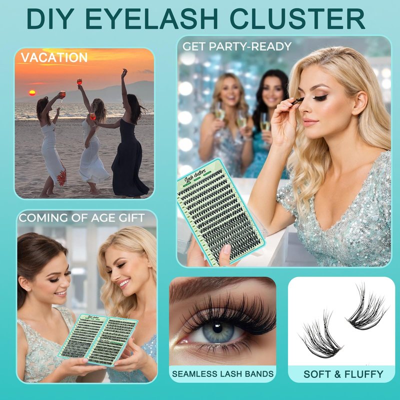 FebFeb Lash Clusters Kit 640pcs Wispy Lash Clusters 30D+40D Eyelash Clusters D Curl Individual Lash Extensions Natural 9-16mm with Bond & Seal, Brush, Tweezers
