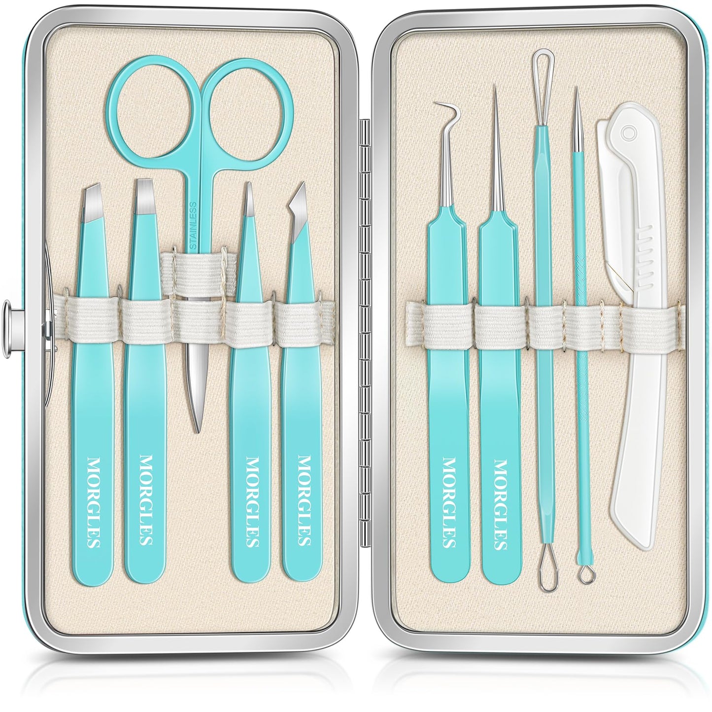 Tweezers for Women Facial Hair, 10 in 1 Pimple Popper Tool Kit with Tweezers, Eyebrow Tweezers Kit with Eyebrow Trimmer & Scissors, Razor, Travel Bag, Hair Plucking Daily Beauty Tools