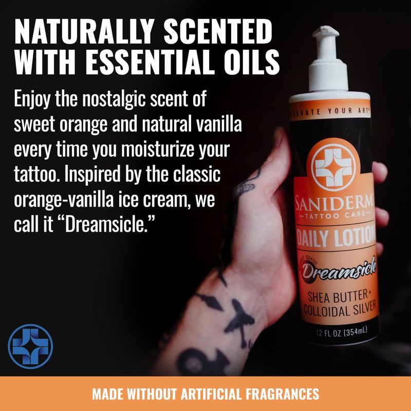 Saniderm Daily Tattoo Lotion (12 oz) – Premium, Organic Long-term Skin Care and Tattoo Aftercare for Vibrant Tattoos – Moisturizing Lotion for Tattooed Skin