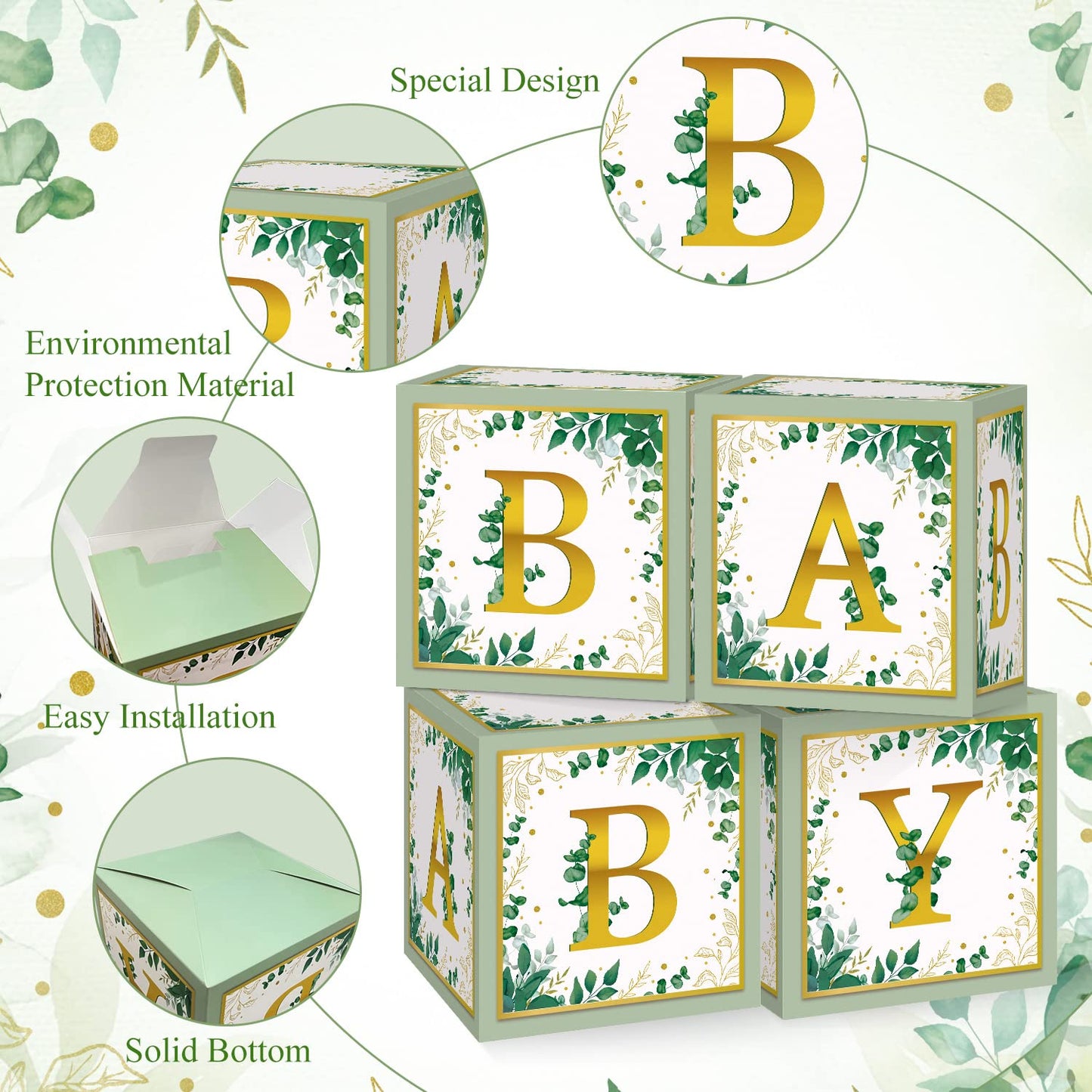 TSVATE Sage Green Baby Shower Boxes, 4PCS Sage Green Gender Reveal Party Supplies Party Centerpiece for Baby Shower First Birthday Decorations (Without Flowers)