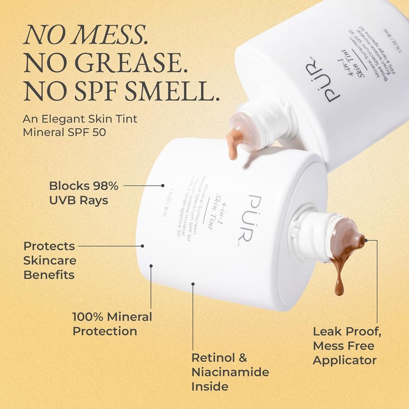 PÜR MINERALS Tinted Sunscreen for Face, 4-in-1 Skin Tint - Broad Spectrum Mineral Sunscreen, SPF 50 - Tinted Facial Moisturizer, Primer & Foundation for Sun Protection - Lightweight, Buildable