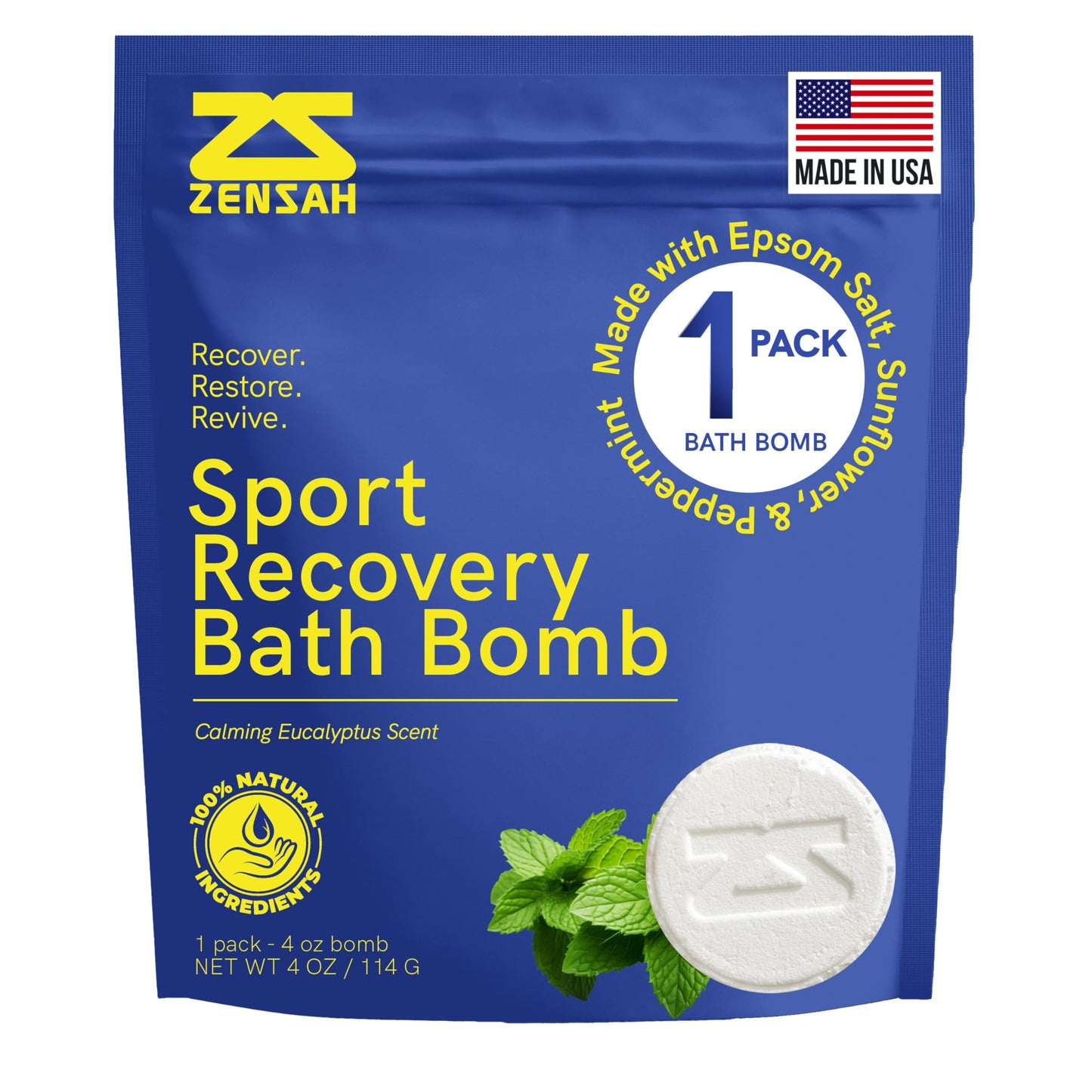 Zensah Sport Recovery Bath Bombs - Magnesium Epsom Salt for Soaking Sore Muscles, Father’s Day Gifts, Made in USA with Essential Oils, Peppermint and Eucalyptus Relaxation for Athletes